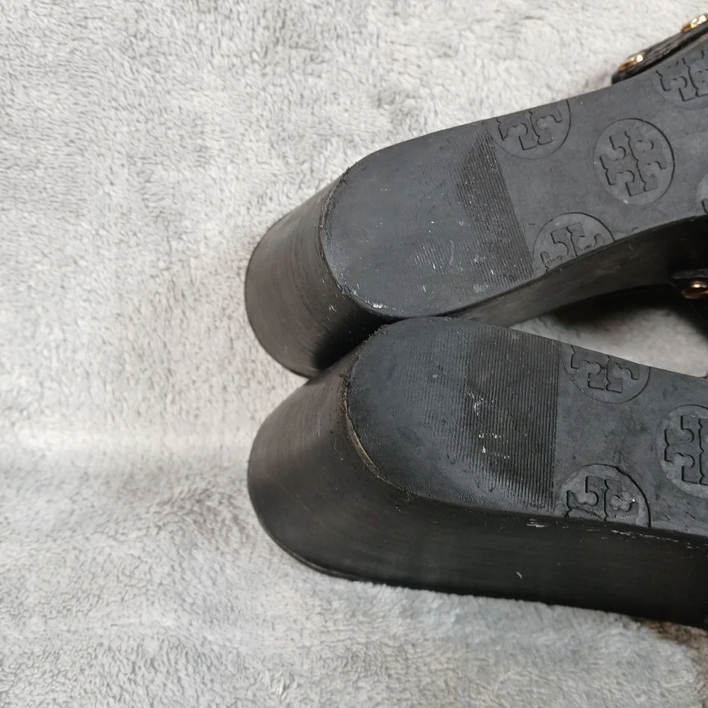Tory Burch Wedge Sandals Womens 8M Miller Studded Clog Black Pebbled Leather